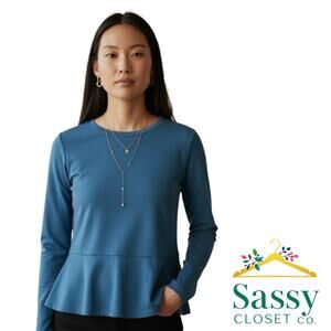 Ann Taylor Teal Blue Peplum Long Sleeve Crew Neck Stretch Top Size M EUC